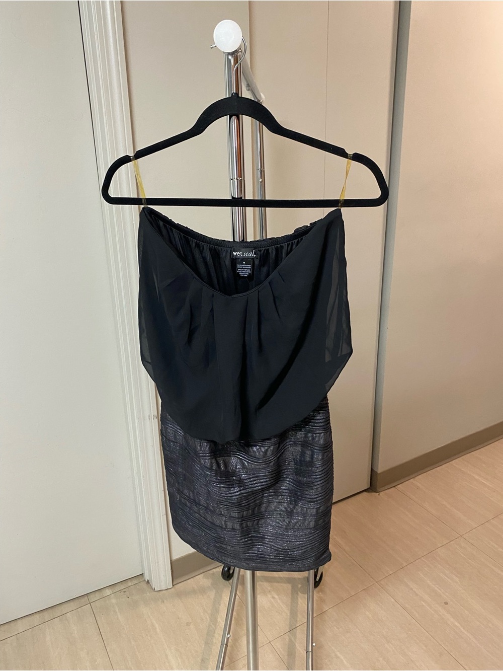 Wet Seal Black Chiffon Overlay Dress with Metallic Skirt